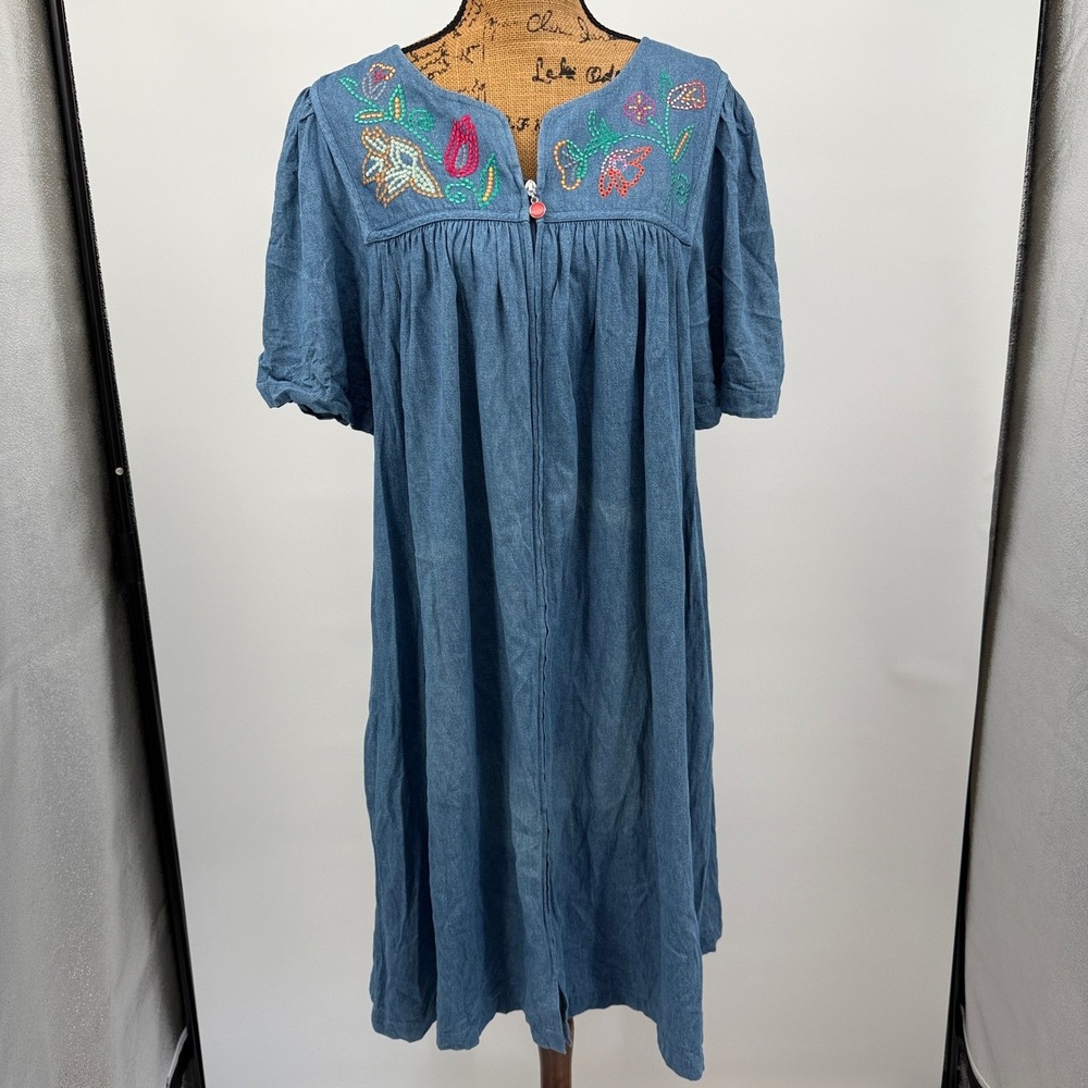 Go Softly Patio Embroidered Floral Zip Up Lounger Patio House‎ Dress Sz L Kaftan
